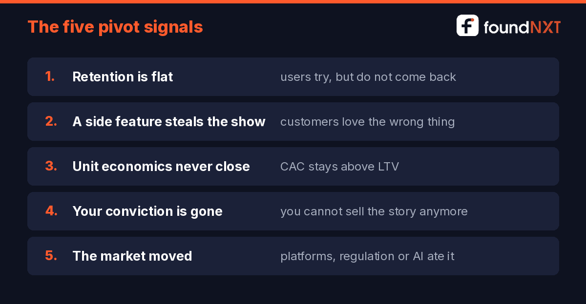 Card listing five signals a startup idea needs a new direction: flat retention, a side feature stealing the show, unit economics that never close, fading founder conviction, a shifting market
