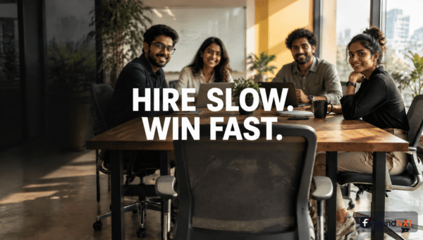 Featured cover with the hook text 'Hire slow. Win fast.' over a photo of a small startup team with one empty chair