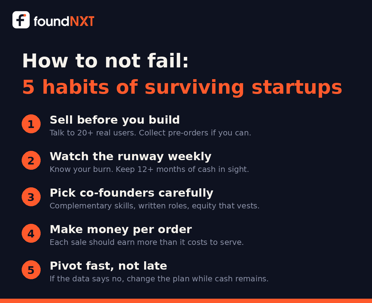 Checklist: sell before you build, watch the runway weekly, pick co-founders carefully, make money per order, pivot fast not late