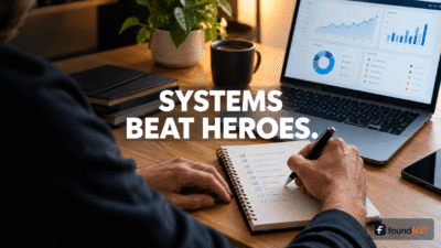 Featured cover with the hook text 'Systems beat heroes.' over a photo of hands writing a process checklist beside a laptop