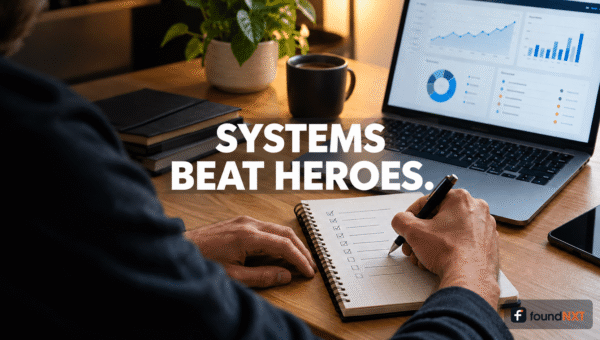 Featured cover with the hook text 'Systems beat heroes.' over a photo of hands writing a process checklist beside a laptop