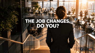 Featured cover with the hook text 'The job changes. Do you?' over a photo of a founder overlooking a large office floor