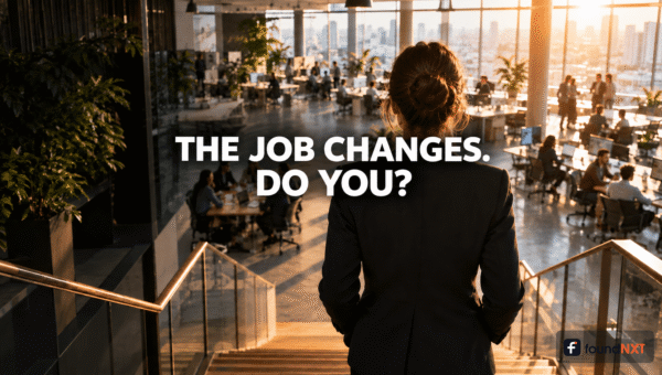 Featured cover with the hook text 'The job changes. Do you?' over a photo of a founder overlooking a large office floor