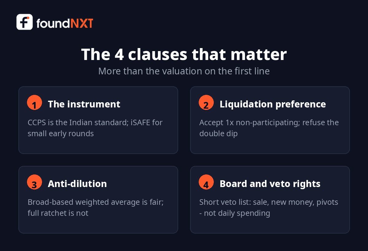 The four term sheet clauses that matter most: the instrument, liquidation preference, anti-dilution and board and veto rights, with the founder-safe standard for each